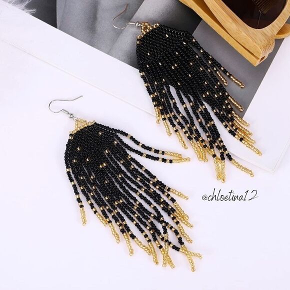 NEW Handmade Black/ Gold Long Tassel Earrings,  Statement Earrings - Picture 5 of 5